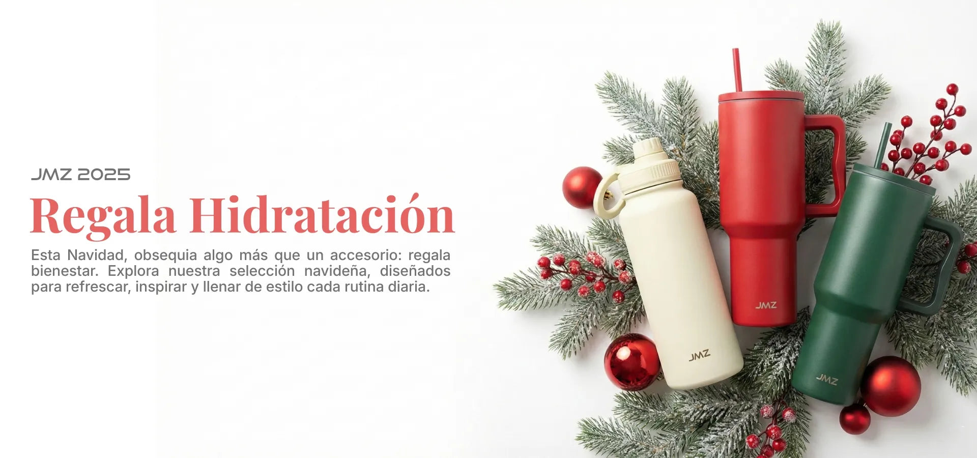 Colección Navidad JMZ 2025: Botella Eclipse crema junto a Peak Tumblers térmicos en rojo y verde festivo. Tomatodos de acero inoxidable con aislamiento de doble pared, ideales para regalar bienestar esta navidad.1621243260e1af0c20-1