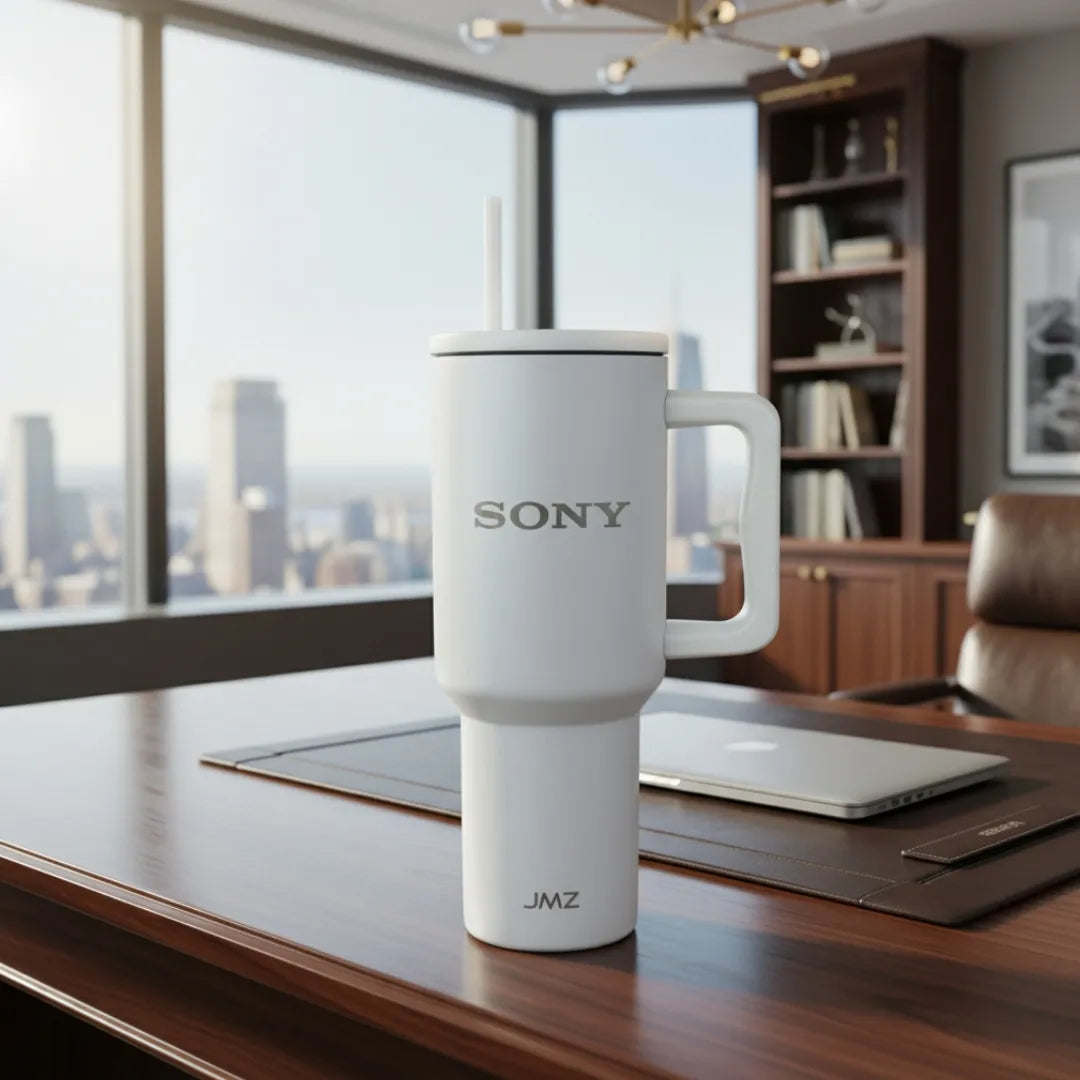 Peak Tumbler blanco en entorno ejecutivo mostrando un ejemplo de grabado láser de alta precisión para logotipos. Servicio de merchandising premium y regalos corporativos personalizados para marcas y empresas con envíos a todo el Perú.